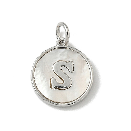 Brass Pave Natural Shell Flat Round with Letter Charms KK-Z115-13P-S-1