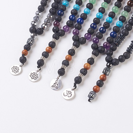 Natural Lava Rock Beaded and Natural & Synthetic Mixed Stone Pendant Necklaces NJEW-I221-02-1