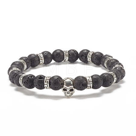 Natural Lava Rock Round Beaded Stretch Bracelet with Alloy Skull BJEW-JB07865-01-1