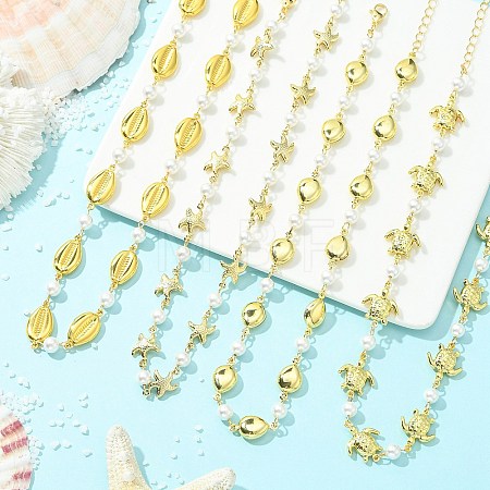 4Pcs 4 Styles Ocean 304 Stainless Steel Sea Animals Handmade Link Chain Necklaces with White Round Shell Pearl Beads NJEW-JN06097-1