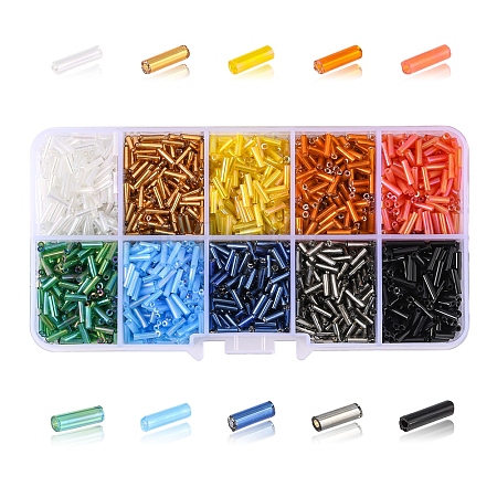 100g 10 Style Silver Lined & Transparent & Opaque Glass Bugle Beads SEED-YW0002-06-1