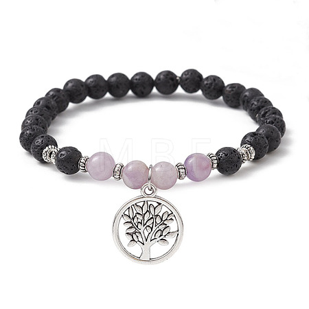 Natural Lava Rock & Natural Lavender Amethyst Gemstone Round Beaded Stretch Bracelet BJEW-JB09767-05-1
