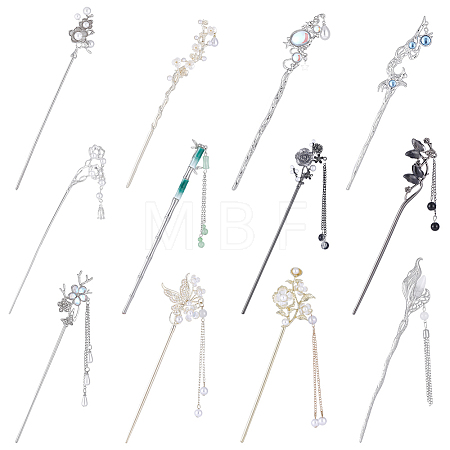 12Pcs 12 Styles Alloy Flower Butterfly Hair Sticks OHAR-PH0001-37-1