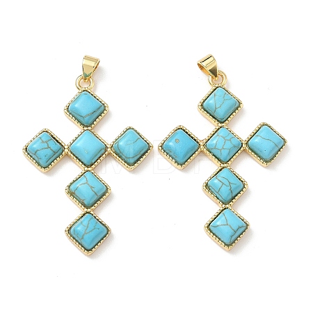 Dyed Synthetic Turquoise Rhombus Cross Pendants KK-P330-10G-1
