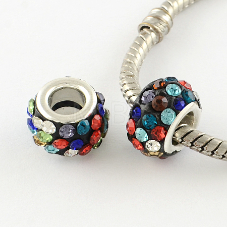 Polymer Clay Rhinestone European Large Hole Beads with Silver Color Plated Brass Cores FPDL-R002-17-1