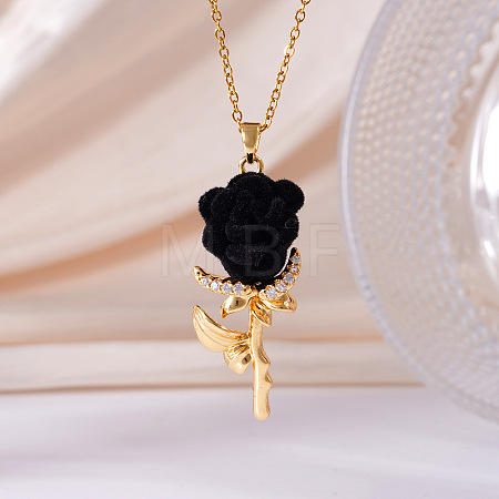 Valentine's Day Flocking Brass Micro Pave Clear Cubic Zirconia Rose Flower Pendant 304 Stainless Steel Cable Chain Necklaces for Women WG19B77-03-1