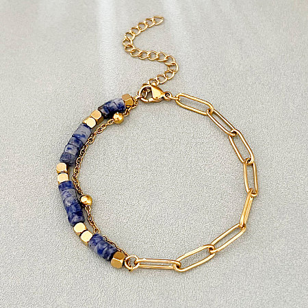 Bohemian Natural Blue Spot Jasper Heishi Beads Bracelets with 304 Stainless Steel Paperclip Chains WGD41F4-01-1