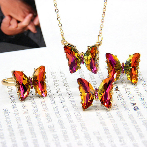 Butterfly Alloy Glass Pendant Necklaces & Stud Earrings & Rings Sets for Women WG31995-03-1