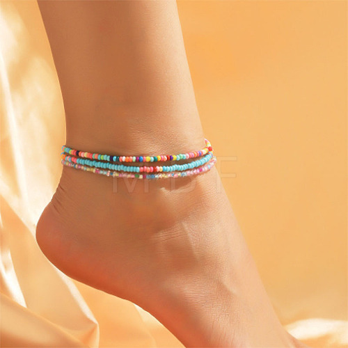 3Pcs Bohemian Style Glass Seed Rondelle Beaded Stretch Anklets for Women WG3334E-03-1