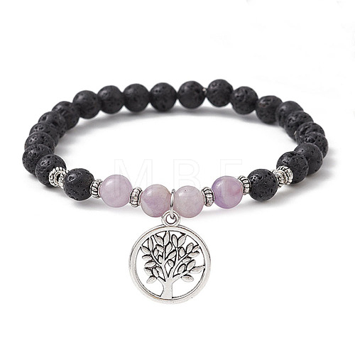 Natural Lava Rock & Natural Amethyst Gemstone Round Beaded Stretch Bracelet BJEW-JB09767-05-1