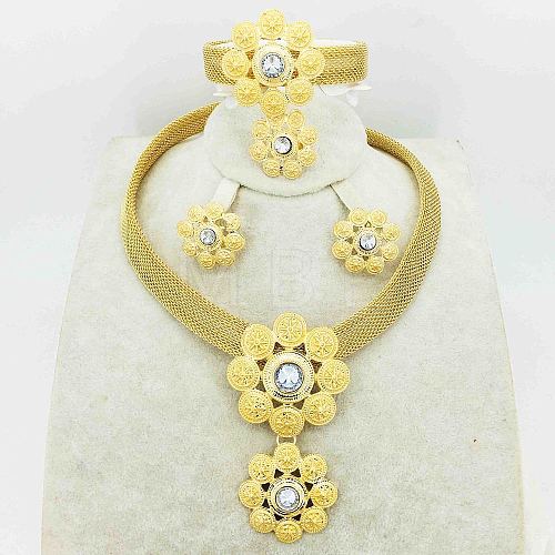 Flower Alloy Bangles & Stud Earrings & Pendant Necklaces & Rings Sets WG7007B-04-1