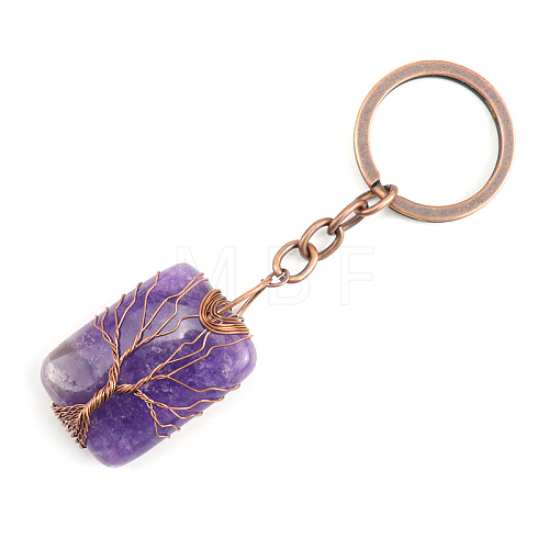 Tree of Life Wire Wrapped Rectangle Natural Amethyst Gemstone Pendant Keychain FIND-PW0017-05F-1