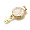 Brass Pave Natural White Shell Flat Round with Cross Pendants KK-C090-40G-07-3