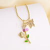 Brass Micro Pave Clear Cubic Zirconia with Enamel Butterfly Rose Flower Pendant Necklaces for Women FS-WG8C866-05-1