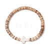 Cross Natural Coconut & Synthetic Turquoise Beads Stretch Bracelets for Women BJEW-JB11388-02-2