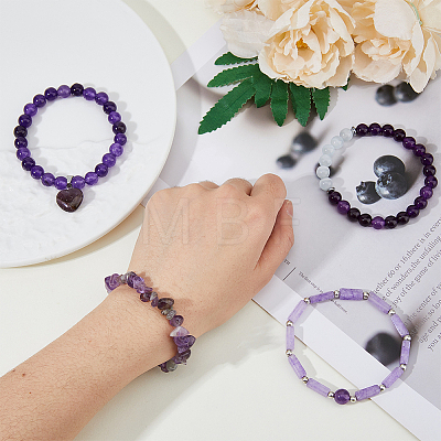 FIBLOOM 4Pcs 4 Style Natural Amethyst Beaded Stretch Bracelets Set BJEW-FI0001-58-1