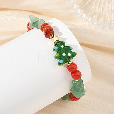 Handmade Lampwork Christmas Tree & Natural Green Aventurine & dyed Freshwater Shell Chip Beaded Bracelets BJEW-TA00760-1