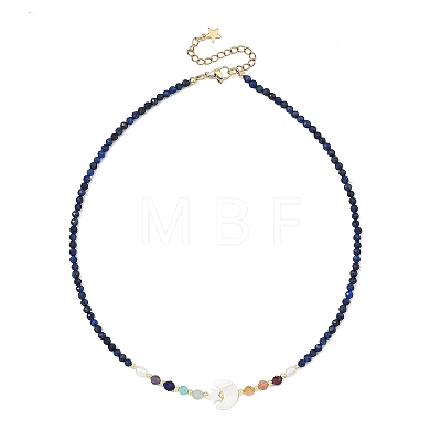 Natural Pearl & Star Moon White Shell & Faceted Round Natural Lapis Lazuli Beaded Necklaces for Women NJEW-JN06089-1