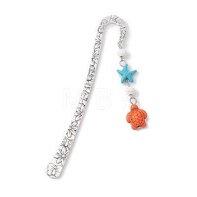 Synthetic Turquoise Tortoise Starfish Pendant Bookmarks with Natural Lava Rock AJEW-JK00285-1
