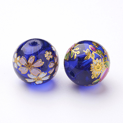 Flower Picture Transparent Glass Round Beads GFB-R004-14mm-M17-1