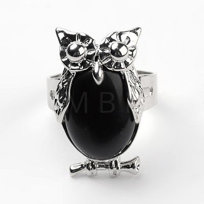 Owl Brass Natural Black Agate Finger Rings RJEW-L074-15-1