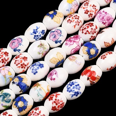Floral Printed Porcelain Beads Strands PORC-L005-A-M-1