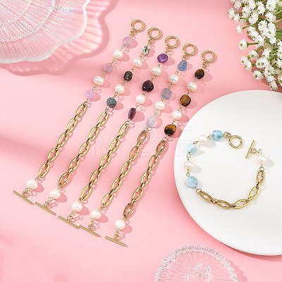 Natural Mixed Gemstone Nuggets and Pearl Beaded Chain Bracelets with 304 Stainless Steel Cross Link Chains and OT Clasps BJEW-JB14436-1
