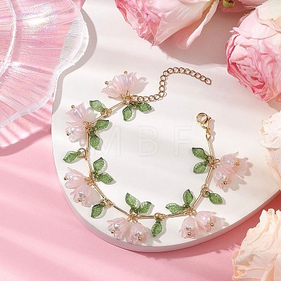 Flower Leaf Shell Pearl & Acrylic Charm Bracelets BJEW-TA00535-03-1