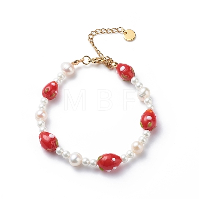 3D Lampwork Strawberry & Shell Pearl Beaded Bracelet for Women BJEW-TA00174-1