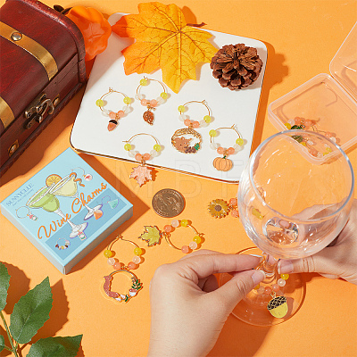 Autumn Theme Alloy Enamel with Glass Wine Glass Charms AJEW-SC0002-11-1