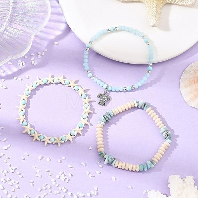 3Pcs 3 Styles Dyed Natural Howlite & Petrified Wood & Larimar & Synthetic Turquoise Stretch Bead Bracelet Sets BJEW-JB14430-1