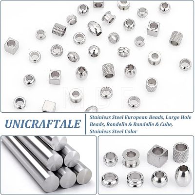 Unicraftale 48Pcs 8 Style 304 & 201 & 303 Stainless Steel European Beads STAS-UN0040-02-1