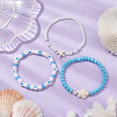 3Pcs Summer Beach Polymer Clay & Glass & Synthetic Turquoise Beaded Stretch Bracelets Kit BJEW-JB10675-01-1