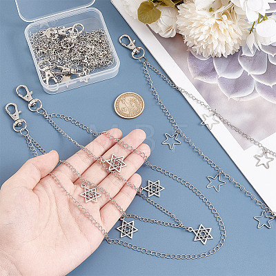 4Pcs 4 Styles Brass & 304 Stainless Steel Double Layer Chains for Jeans Pants with Alloy Star Charms AJEW-GO00009-1