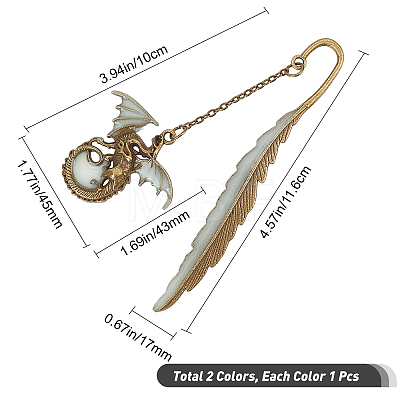 Gorgecraft 3Pcs 2 Style Pterosaur with Feather Luminous Zinc Alloy Bookmarks AJEW-GF0003-79-1
