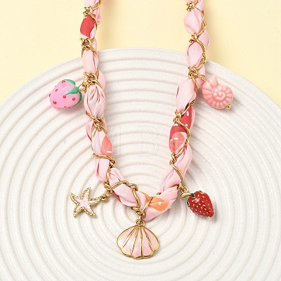 Starfish Strawberry Shell Shape 304 Stainless Steel Enamel & Handmade Lampwork Pendant Necklaces NJEW-D344-02G-1