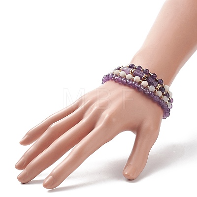 4Pcs 4 Style Natural Amethyst & White Crazy Agate & Brass Beaded Stretch Bracelets Set BJEW-JB08998-1