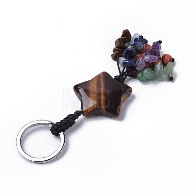Tiger Eye Star with Mixed Gemstone Chips Beaded Tassel Keychains KEYC-P012-01P-05-1