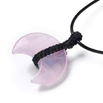 Adjustable Natural Rose Quartz Double Horn Pendant Necklace with Wax Cord for Women NJEW-B086-01I-1