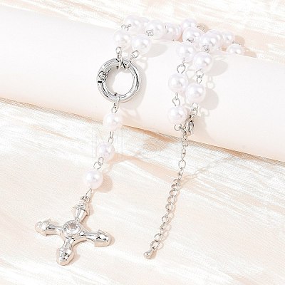 Brass Pave Clear Cubic Zirconia Cross Y Pendant Necklaces with ABS Imitation Pearl Handmade Link Chain NJEW-F364-06P-1