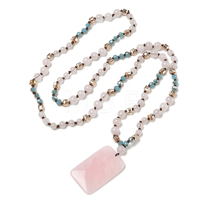 Natural Rose Quartz Rectangle Pendant Glass Beaded Long Necklaces GG-CBAE048-02B-1