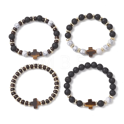 4Pcs 4 Styles Synthetic Howlite & Hematite Natural Lava Rock & Coconut Beads Stretch Bracelets BJEW-JB13448-1