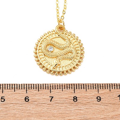 Brass Micro Pave Clear Cubic Zirconia Flat Round with Snake Pendant Necklaces NJEW-S438-02A-G-1