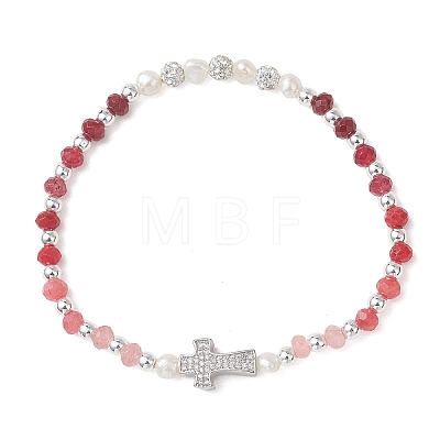 Dyed Natural Malaysia Jade Rondelle & Cultured Freshwater Pearl Beaded Stretch Bracelets BJEW-JB13380-1
