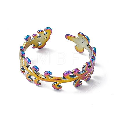 Ion Plating(IP) 304 Stainless Steel Leafy Branch Wrap Open Cuff Ring for Women RJEW-C045-20M-1