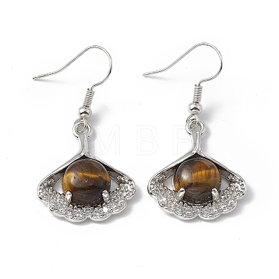 Natural Tiger Eye Ginkgo Leaf Dangle Earrings with Crystal Rhinestone EJEW-A092-03P-08-1