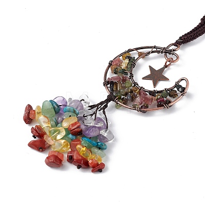 Natural Tourmaline Moon with Mixed Gemstone Chips Tassel Pendant Decorations G-L524-07R-A07-1