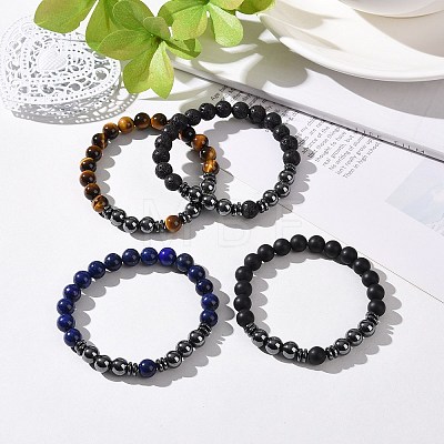 4Pcs Synthetic Hematite & Natural Black Agate(Dyed) & Lava Rock & Tiger Eye Beads Stretch Bracelets Set for Women Men BJEW-JB08938-1