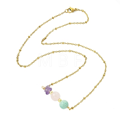 Round Natural Amazonite & Madagascar Rose Quartz & Chip Natural Amethyst Beaded Pendant 304 Stainless Steel Satellite Chain Necklaces for Women NJEW-JN06158-02-1