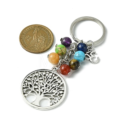 7 Chakra Gemstone Bead Pendant Keychain with Tibetan Style Alloy Tree of Life Charm KEYC-JKC00542-1